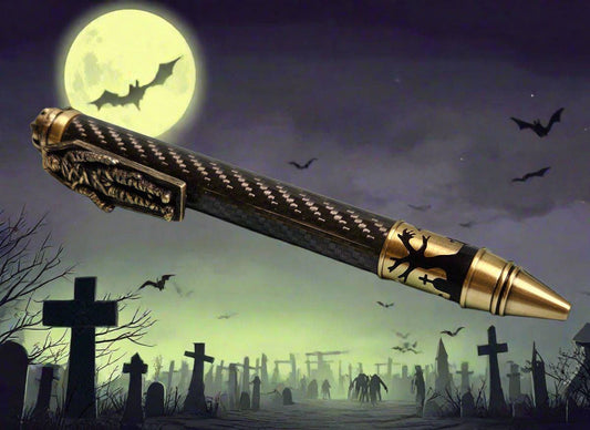 Haunted Halloween Carbon Fiber and Clear Resin Pen with an Antique Brass Halloween Pen Kit Featuring a Mummy, a Zombie, and a Jack-O-Lantern