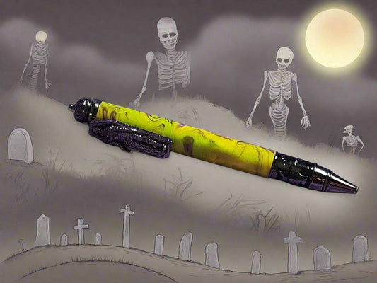 Haunted Halloween Yellow and Purple Resin Swirled Pen with a Gunmetal Halloween Pen Kit Featuring a Mummy, a Zombie, and a Jack-O-Lantern