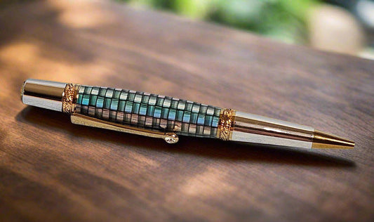 Metallic Holographic Weave Pen with a Chrome and Gold Pen Kit and Diamond Accents