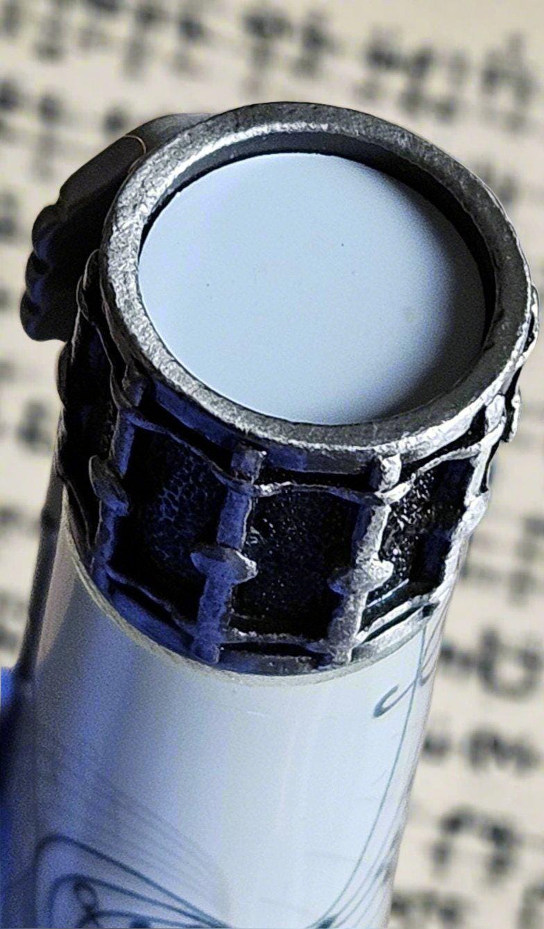 Musical Instruments Pen (piano, drums, guitar represented) with an Antique Pewter Pen Kit and a White Music Sheet Label Cast on the Body
