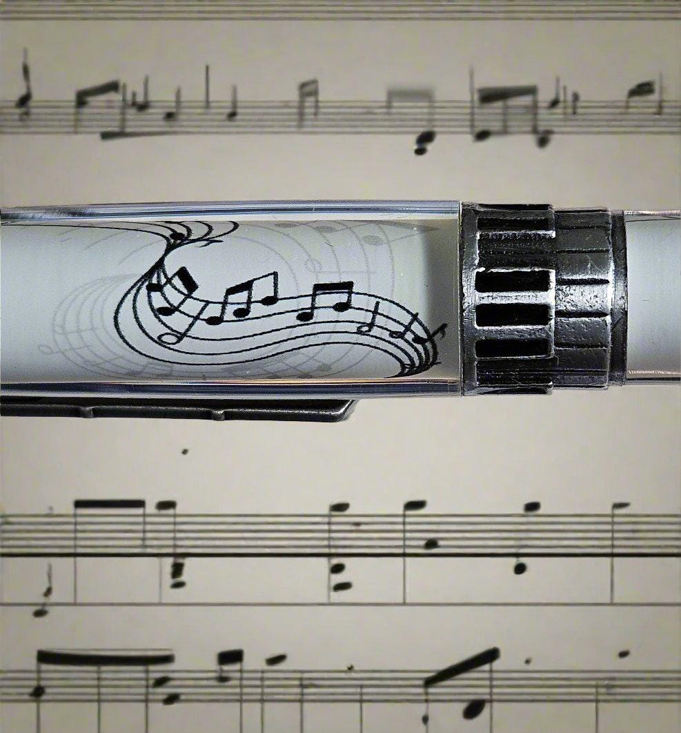 Musical Instruments Pen (piano, drums, guitar represented) with an Antique Pewter Pen Kit and a White Music Sheet Label Cast on the Body