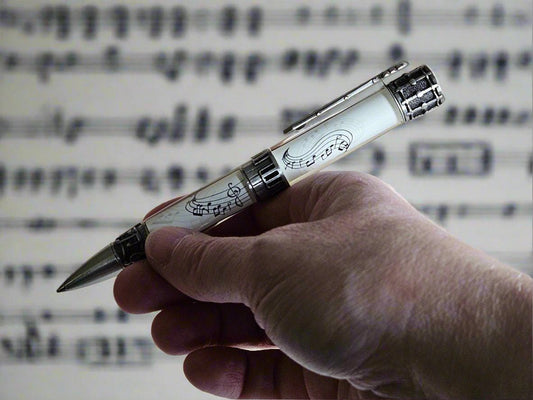 Musical Instruments Pen (piano, drums, guitar represented) with an Antique Pewter Pen Kit and a White Music Sheet Label Cast on the Body