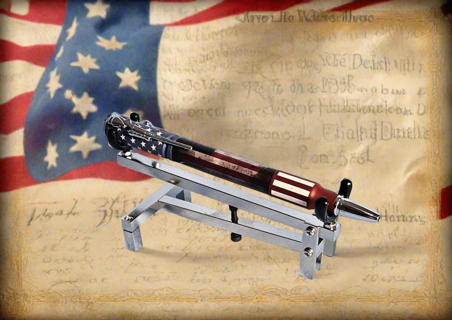 Antiqued American Betsy Ross Flag Pen, Bolt Action Ceramic & Chrome Pen Kit, Riffle Clip, Patriotic Writing Gift