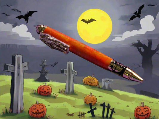 Haunted Halloween Orange and Gold Resin Swirled Pen with a Gold Halloween Pen Kit Featuring a Mummy, a Zombie, and a Jack-O-Lantern