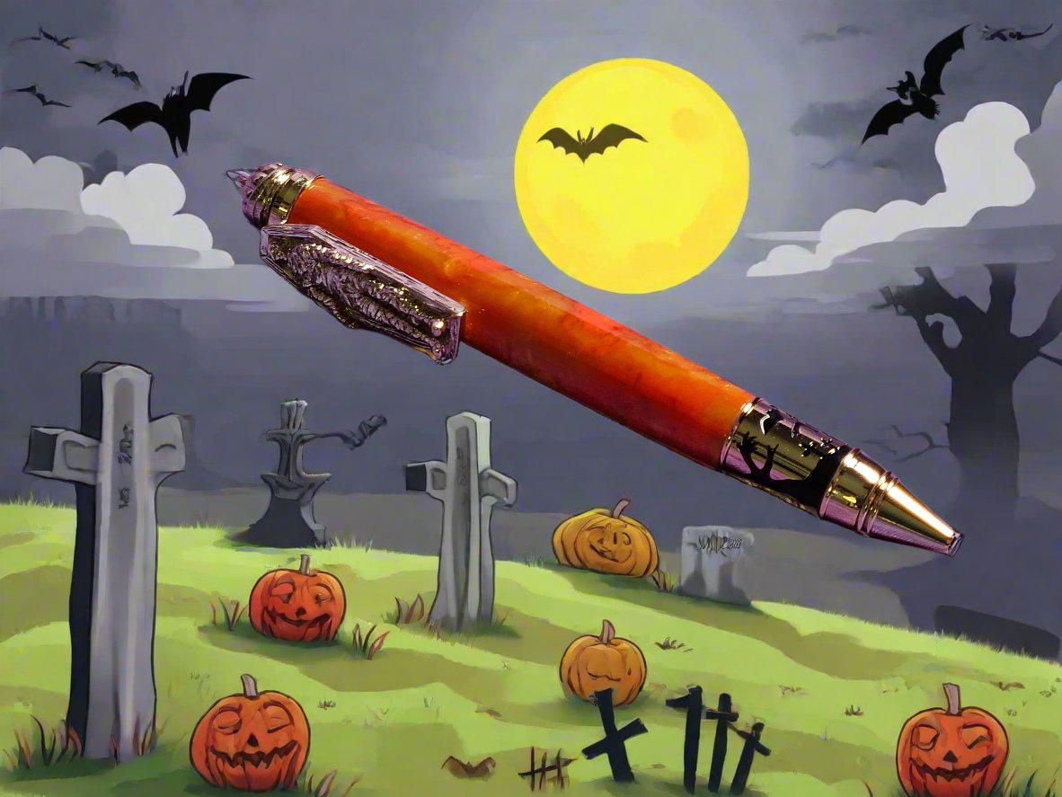 Haunted Halloween Orange and Gold Resin Swirled Pen with a Gold Halloween Pen Kit Featuring a Mummy, a Zombie, and a Jack-O-Lantern