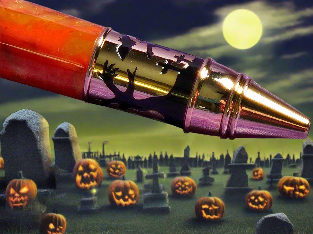 Haunted Halloween Orange and Gold Resin Swirled Pen with a Gold Halloween Pen Kit Featuring a Mummy, a Zombie, and a Jack-O-Lantern