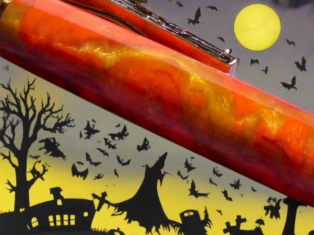 Haunted Halloween Orange and Gold Resin Swirled Pen with a Gold Halloween Pen Kit Featuring a Mummy, a Zombie, and a Jack-O-Lantern
