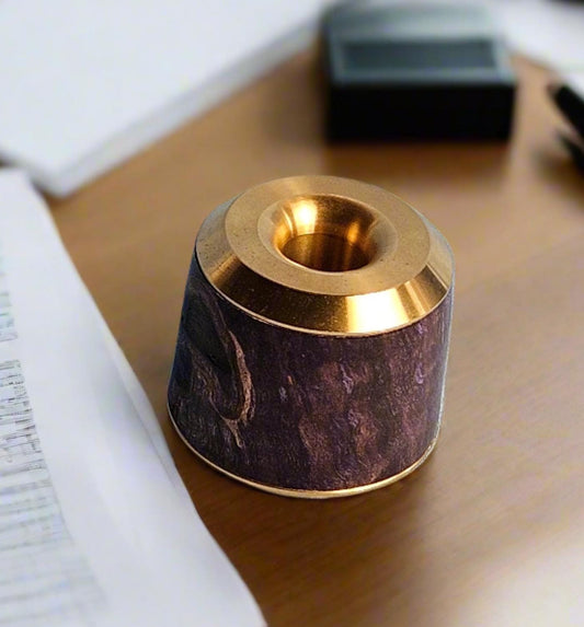 Curly Maple Purple (Blue) Wooden Pen and Pencil Stand with a Classic Brass Cap (Shorter)