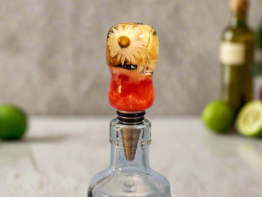 Vibrant Pink and Clear Resin Dried Daisy Flower Bottle Stopper with a Chrome Food-Safe Stopper