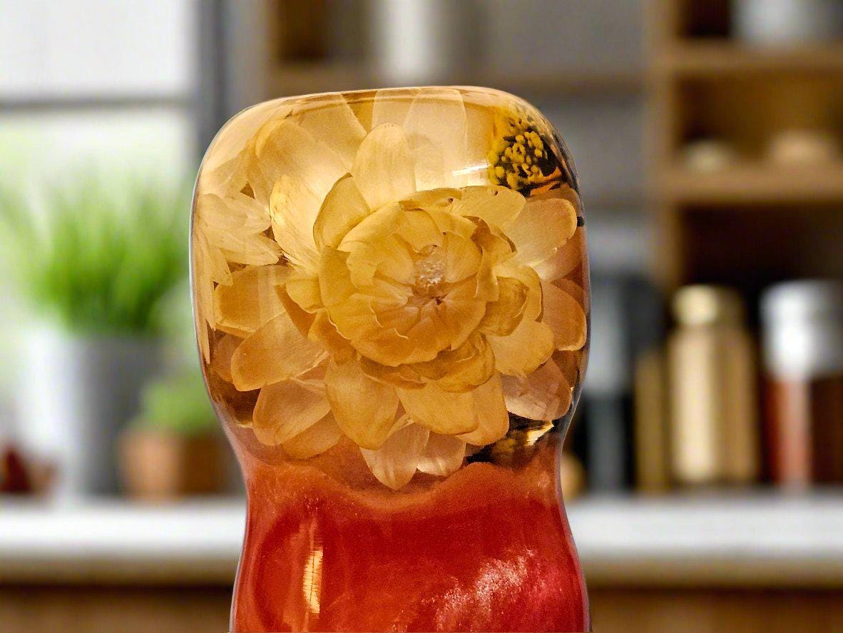 Vibrant Pink and Clear Resin Dried Daisy Flower Bottle Stopper with a Chrome Food Safe Stopper