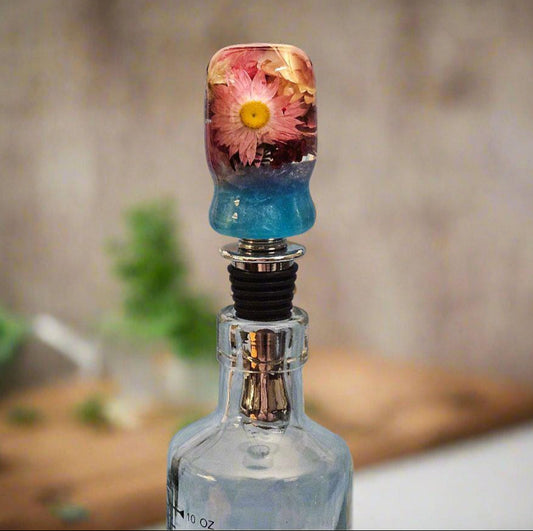 Botanical Bottle Stopper - Sky Blue Resin with Dried Daisy Flowers - Stainless Steel Corkscrew - Food-Safe Wine Seal