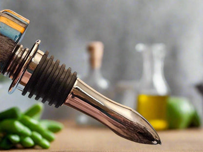 Spectra Ply Dyed Wooden Birch Laminate "Aqua Fire" Bottle Stopper with a Chrome Food-Safe Hidden Corkscrew Stopper