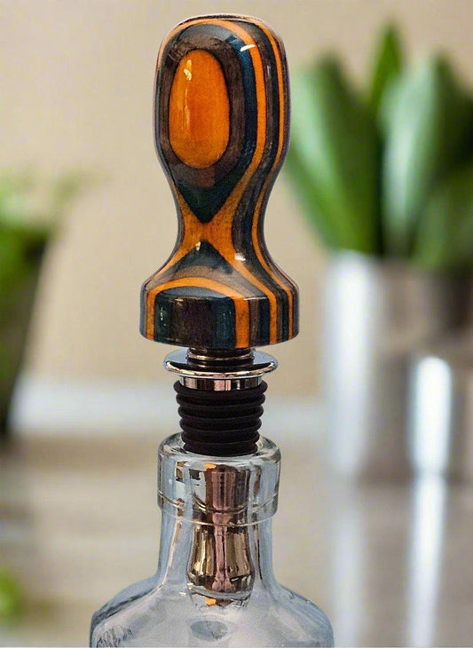 Spectra Ply Dyed Wooden Birch Laminate "Aqua Fire" Bottle Stopper with a Chrome Food-Safe Hidden Corkscrew Stopper