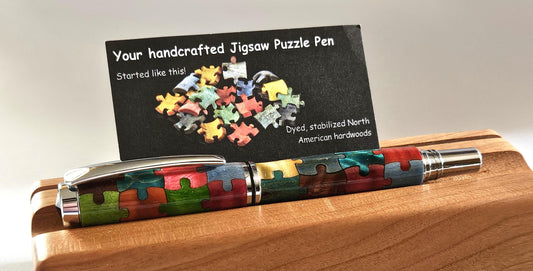 Wooden Advanced Puzzle Inlay Pen – Blue Autism Awareness Puzzle Piece, Capped & Postable, Chrome Pen Kit, Unique Gift for Autism Support