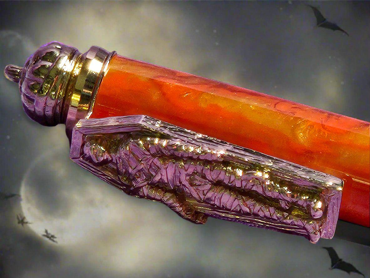 Haunted Halloween Orange and Gold Resin Swirled Pen with a Gold Halloween Pen Kit Featuring a Mummy, a Zombie, and a Jack-O-Lantern