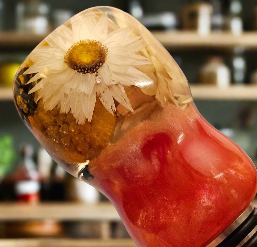 Vibrant Pink and Clear Resin Dried Daisy Flower Bottle Stopper with a Chrome Food Safe Stopper