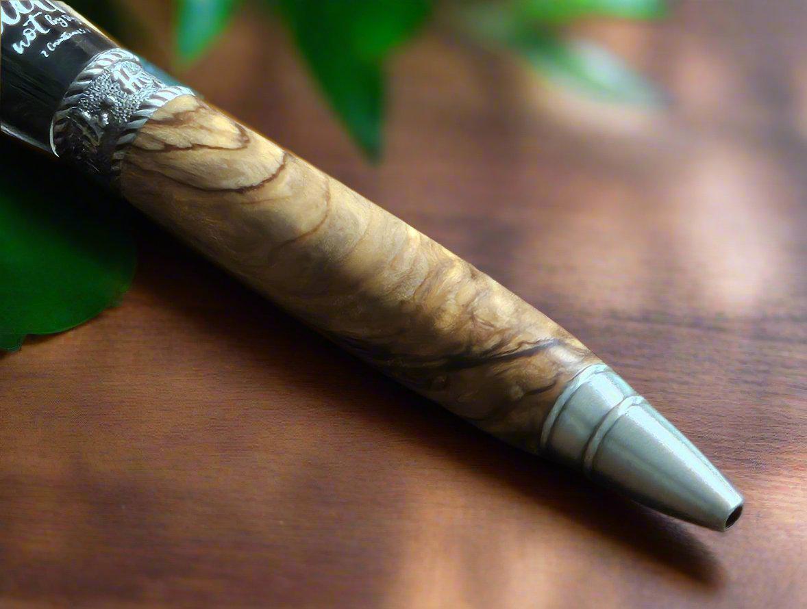 Authentic Bethlehem Olive Wood; Walk By Faith Label Cast Twist Pen with an Antique Pewter Pen Kit