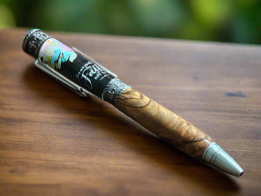 Authentic Bethlehem Olive Wood; Walk By Faith Label Cast Twist Pen with an Antique Pewter Pen Kit
