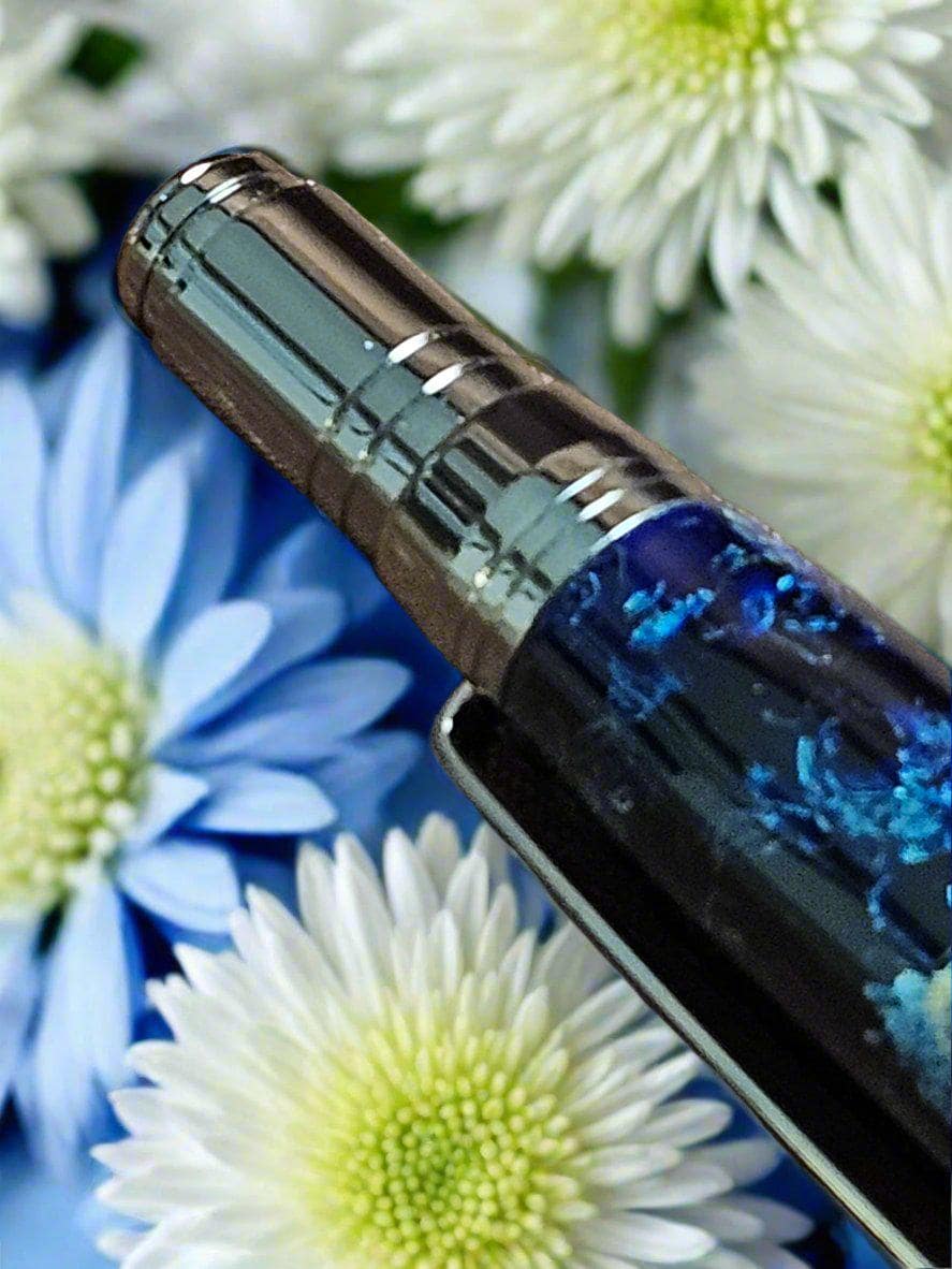 Chrysanthemum Flower Petals Pen Encased in a Deep Blue Resin with a Zephyr Gunmetal Pen Kit