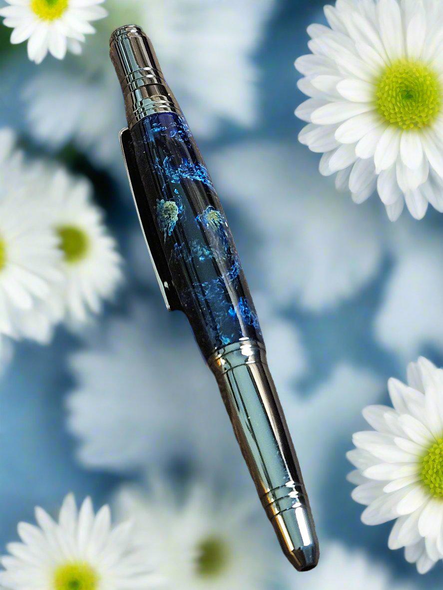 Chrysanthemum Flower Petals Pen Encased in a Deep Blue Resin with a Zephyr Gunmetal Pen Kit