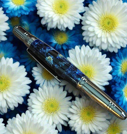 Chrysanthemum Flower Petals Pen Encased in a Deep Blue Resin with a Zephyr Gunmetal Pen Kit