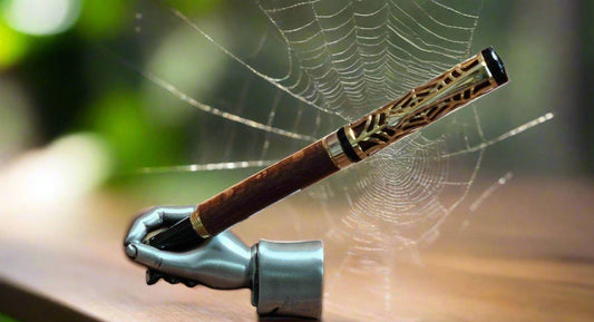Haunted Halloween Lacewood Capped Rollerball Pen with a Golden Spider Web overlay and a Gold and Black Chrome Pen Kit