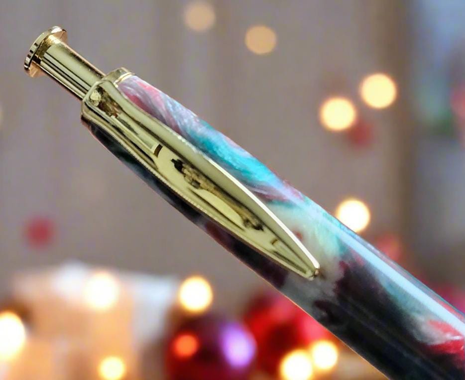 Pen and Pencil Set - Christmas Colors Multi-Tone Resin Clicker with a Gold Pen and Pencil Kit