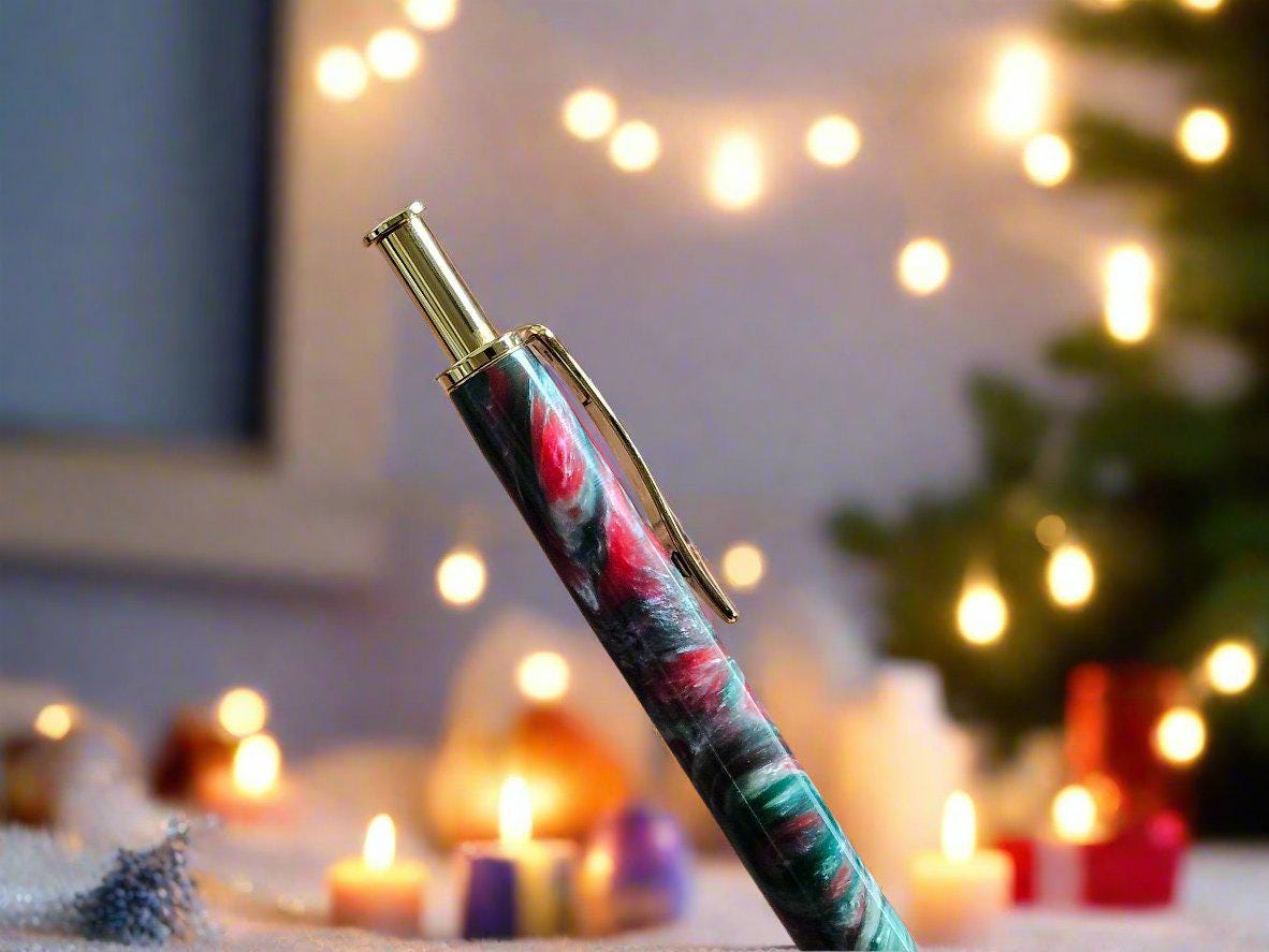Pen and Pencil Set - Christmas Colors Multi-Tone Resin Clicker with a Gold Pen and Pencil Kit