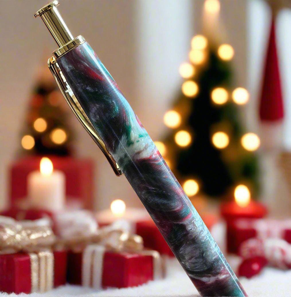 Pen and Pencil Set - Christmas Colors Multi-Tone Resin Clicker with a Gold Pen and Pencil Kit