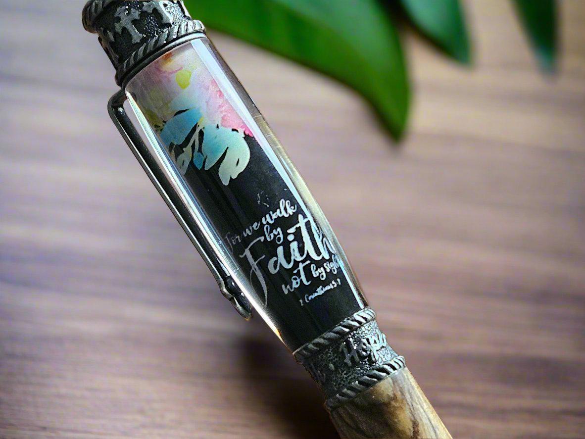 Authentic Bethlehem Olive Wood; Walk By Faith Label Cast Twist Pen with an Antique Pewter Pen Kit