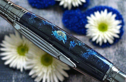 Chrysanthemum Flower Petals Pen Encased in a Deep Blue Resin with a Zephyr Gunmetal Pen Kit