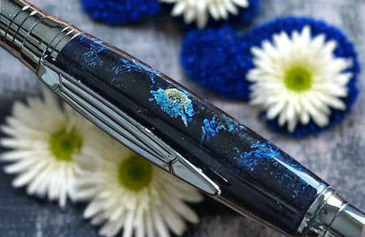 Chrysanthemum Flower Petals Pen Encased in a Deep Blue Resin with a Zephyr Gunmetal Pen Kit