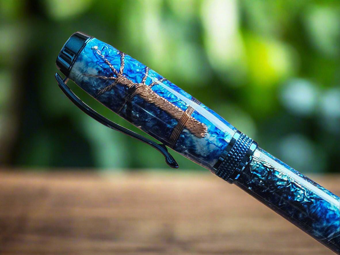 Ocean Blue Molded Copper Wire Tree Pen | Blue Titanium Diamond Knurl Pen Kit | Unique Handmade Writing Gift