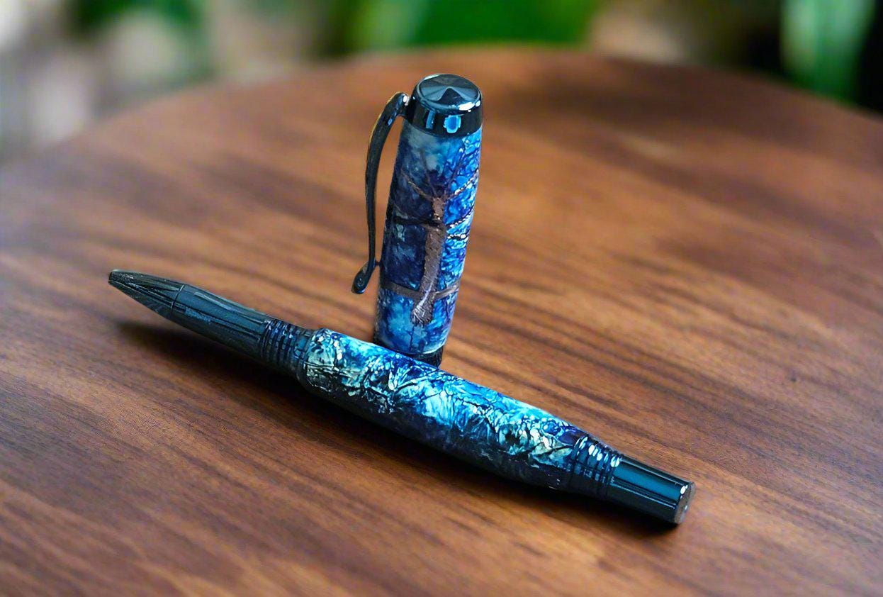 Ocean Blue Molded Copper Wire Tree Pen | Blue Titanium Diamond Knurl Pen Kit | Unique Handmade Writing Gift