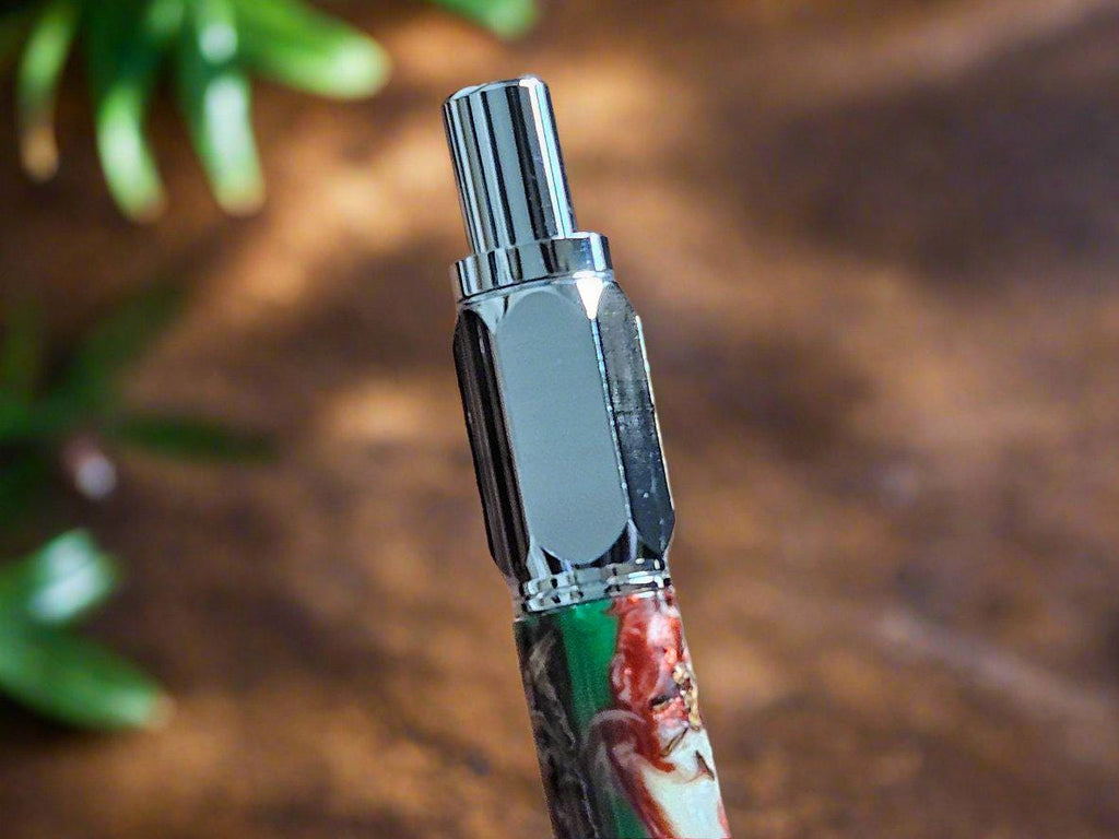 Christmas Colors Hexagonal Vertex Click Pen with Pinecones Swirled in Holiday Resin and Accompanied by a Chrome Pen Kit