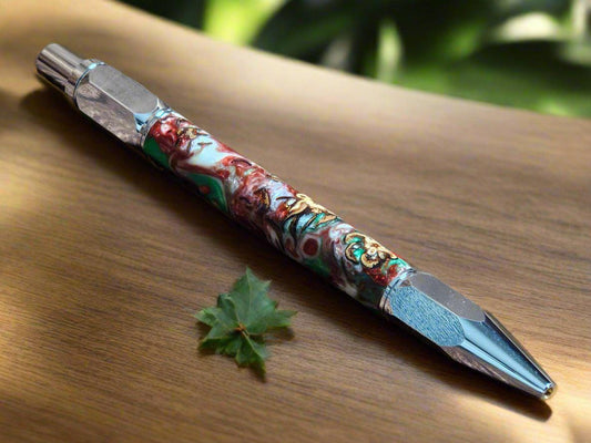 Christmas Colors Hexagonal Vertex Click Pen with Pinecones Swirled in Holiday Resin and Accompanied by a Chrome Pen Kit