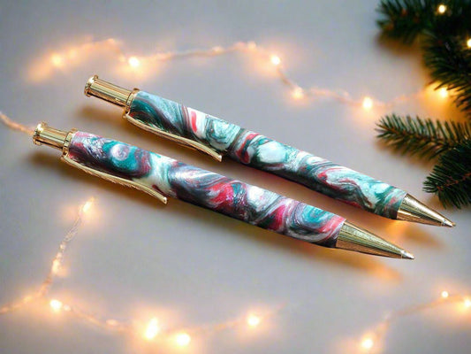Pen and Pencil Set - Christmas Colors Multi-Tone Resin Clicker with a Gold Pen and Pencil Kit