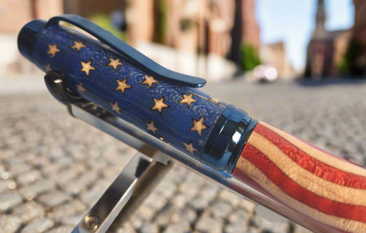 Patriotic Wooden American Flag Inlay Pen Featuring Holly and Bass Woods and a Royal Blue Titanium Pen Kit