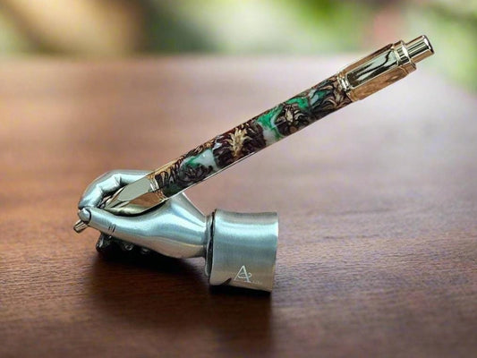 Christmas Colors Hexagonal Vertex Click Pen with Pinecones Swirled in Holiday Resin and Accompanied by a Gold Pen Kit