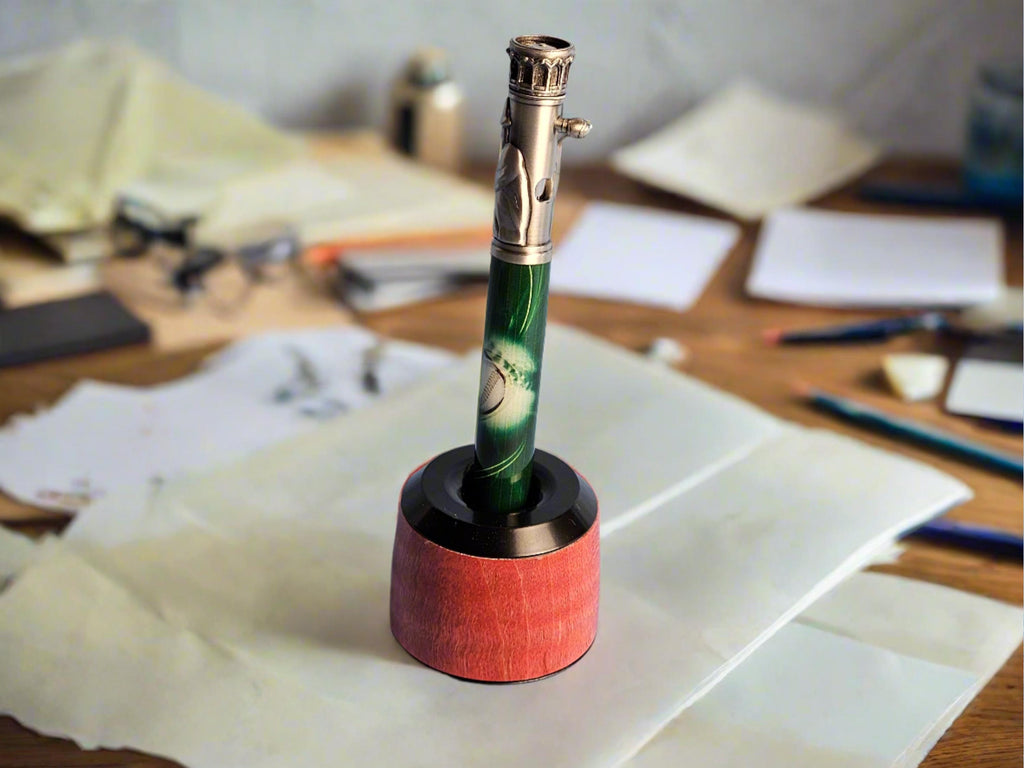 Curly Maple Red (Pink) Wooden Pen and Pencil Stand with a Sleek Black Enamel Cap