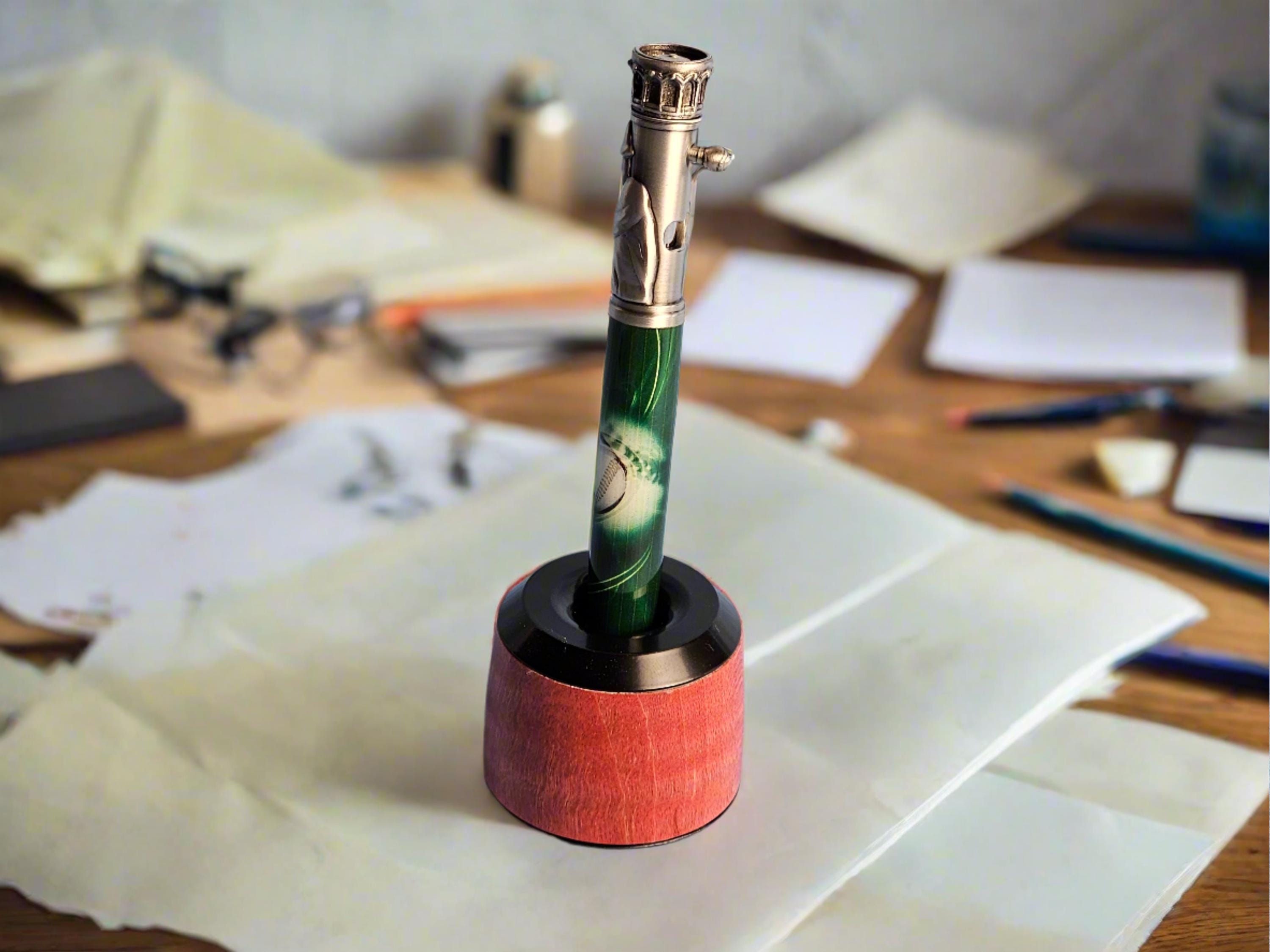 Curly Maple Red (Pink) Wooden Pen and Pencil Stand with a Sleek Black Enamel Cap