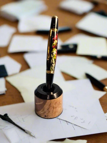 Cotton Wood Wooden Pen and Pencil Stand with a Sleek Black Enamel Cap