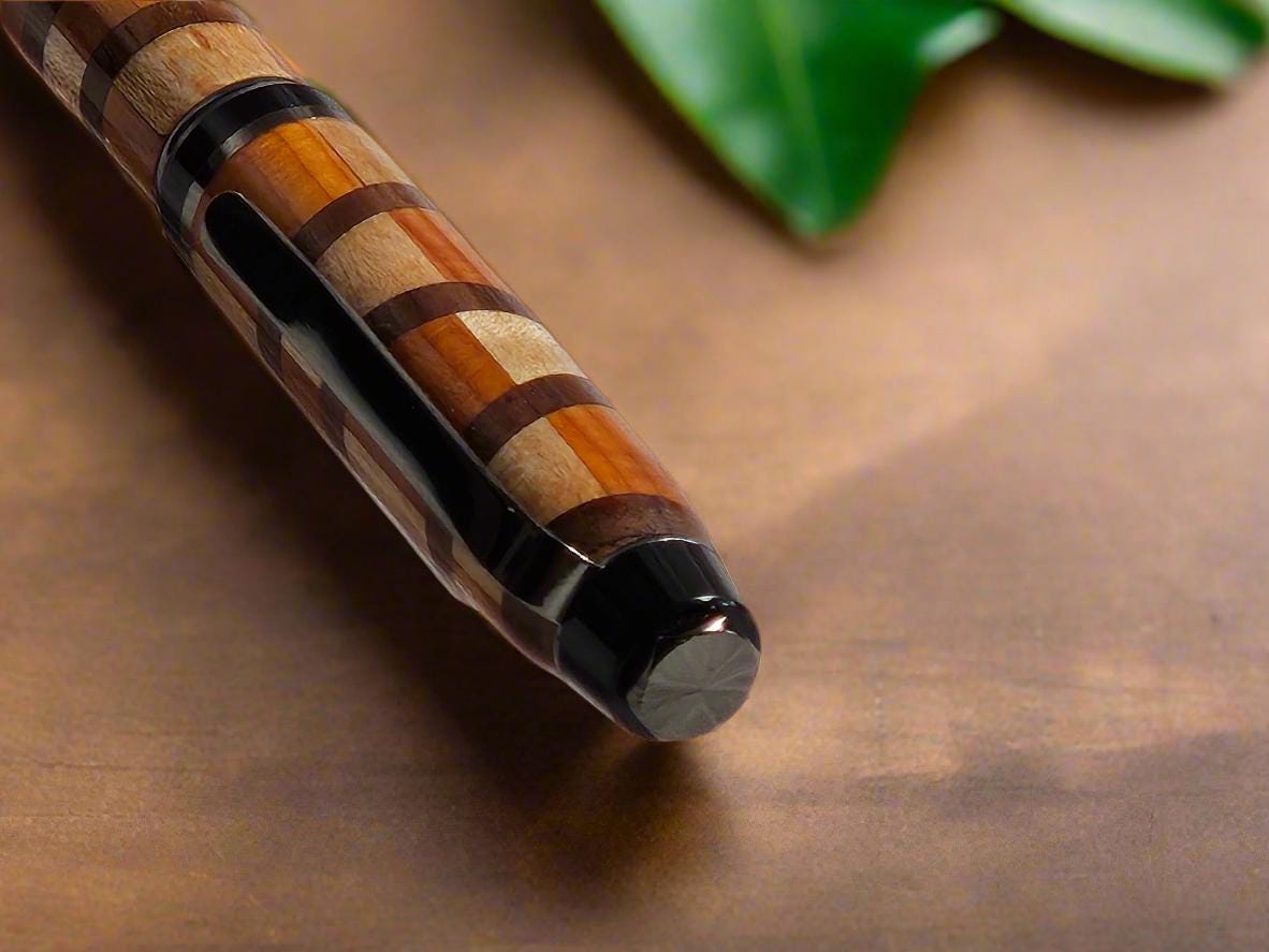Segmented Wooden Pen, Handcrafted from Cherry, Maple, and Walnut with a Gunmetal Pen Kit and Sleek Black Accents