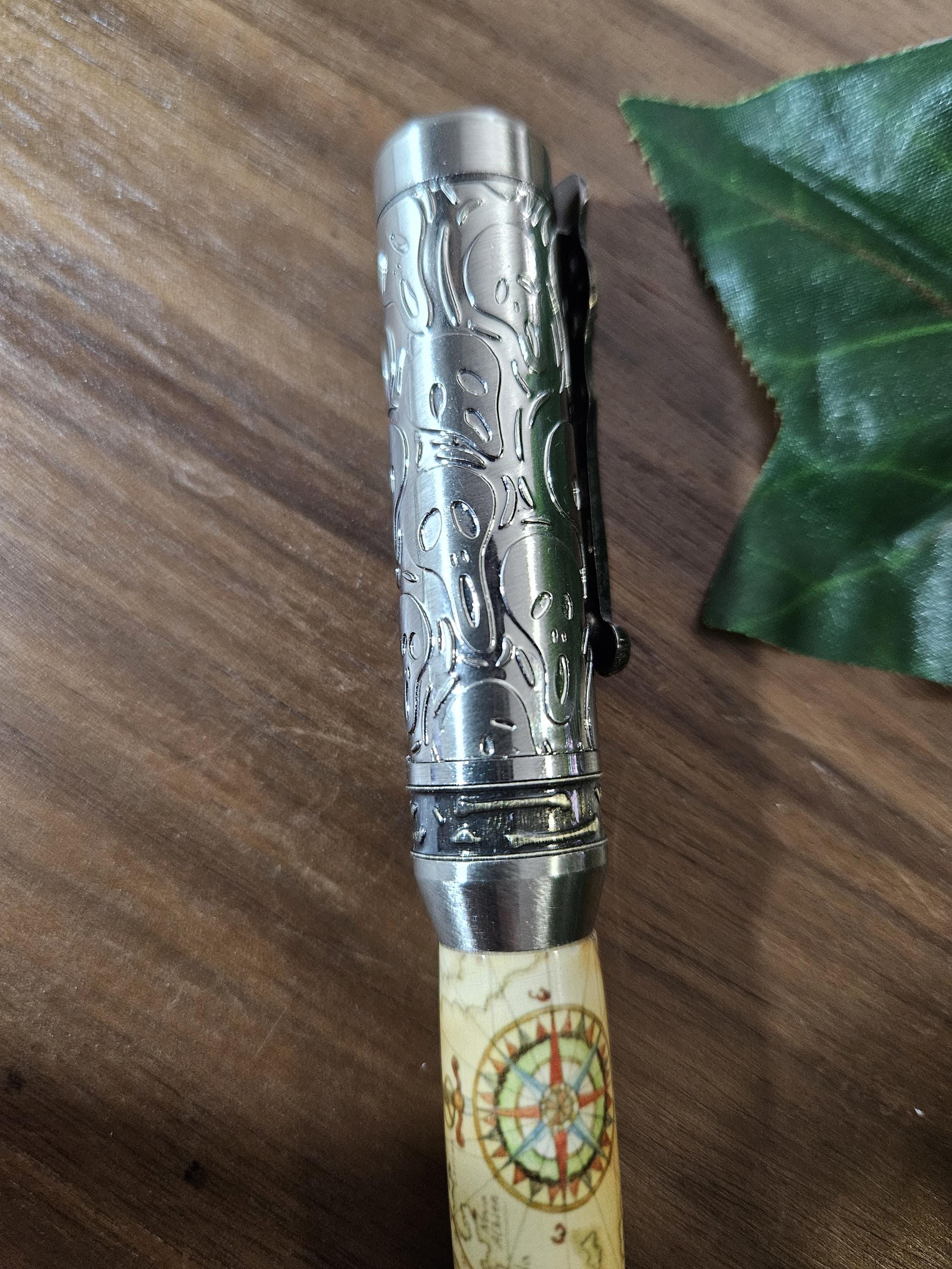 Pirate Map Label Cast Pen with Sliver Pirate, Ghost, and Skulls Pen Kit with Antique Bronze Accents