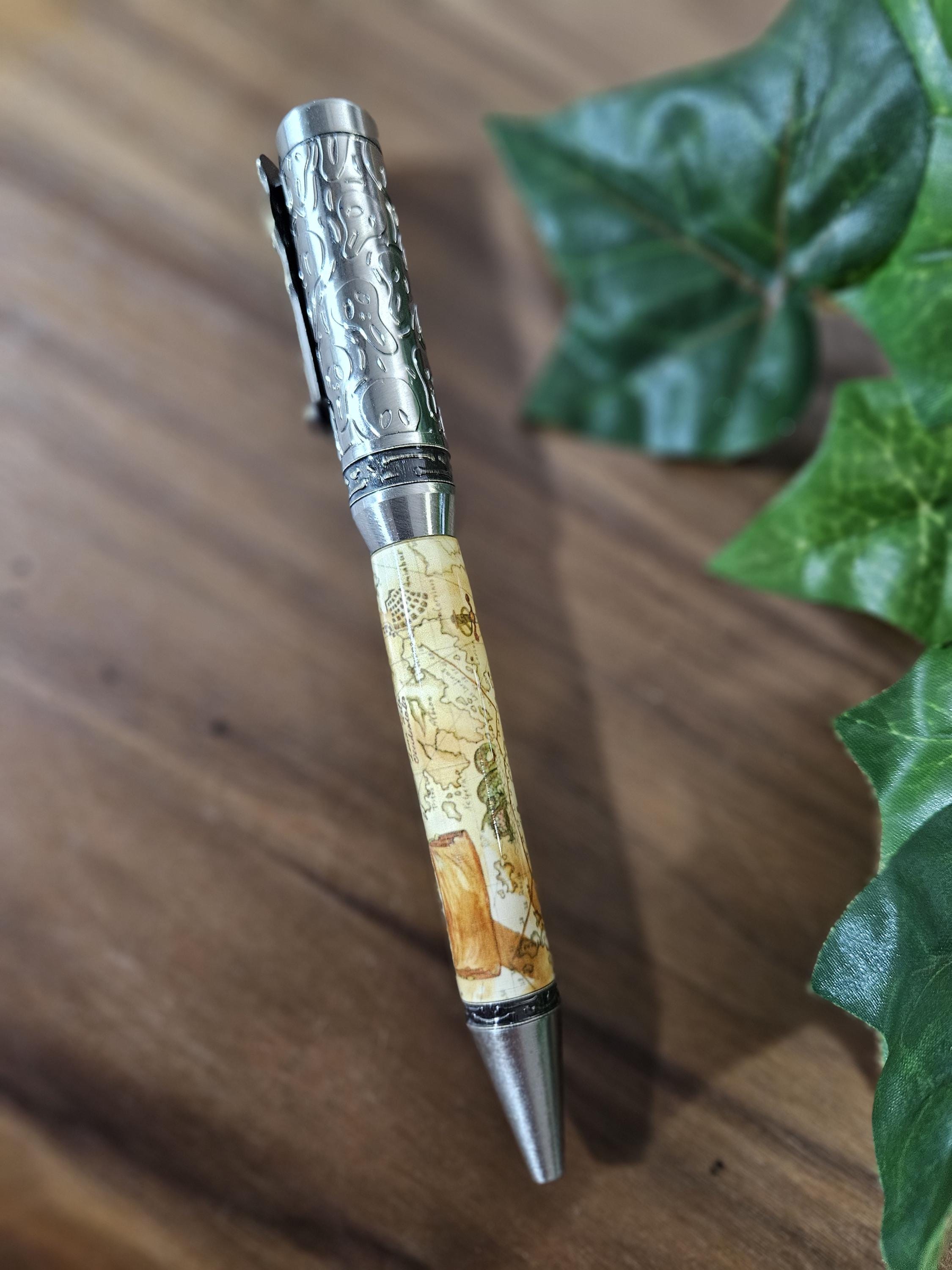 Pirate Map Label Cast Pen with Sliver Pirate, Ghost, and Skulls Pen Kit with Antique Bronze Accents