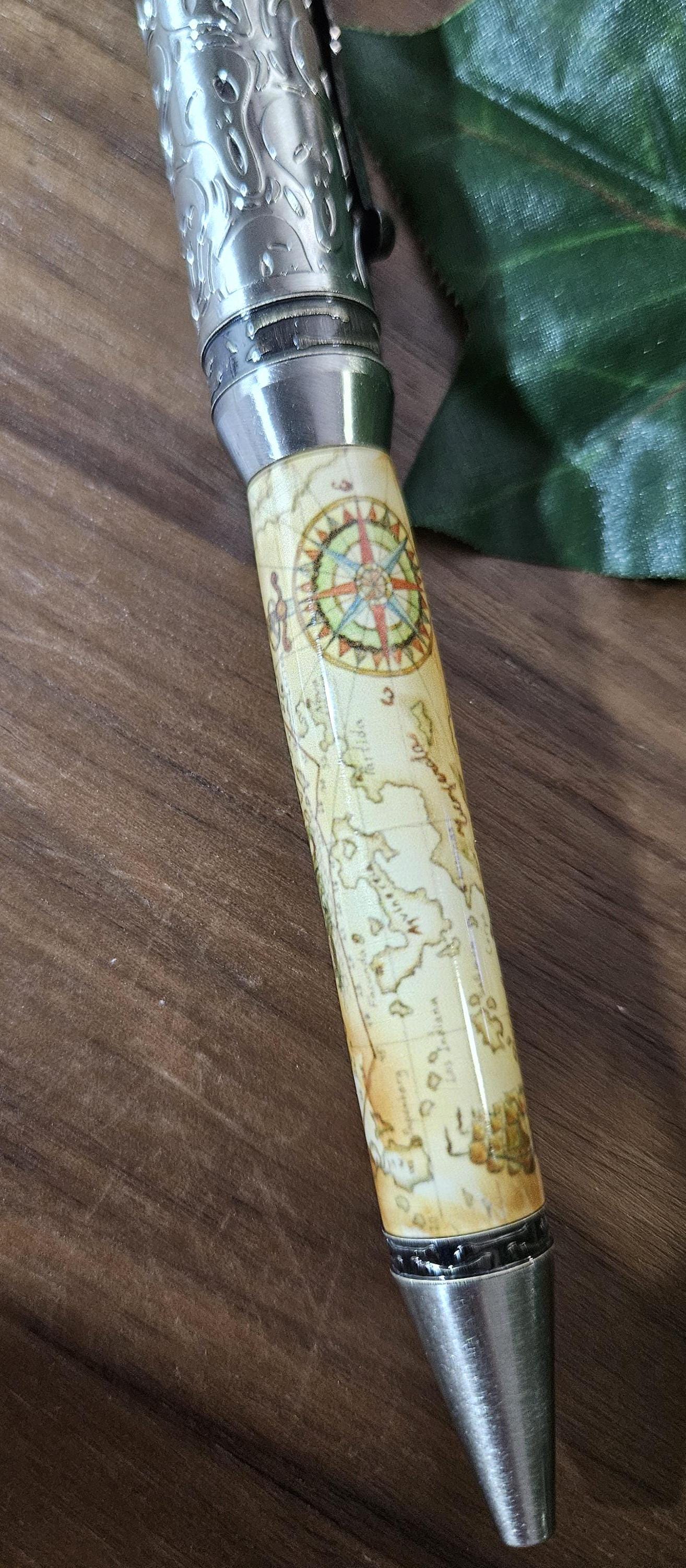 Pirate Map Label Cast Pen with Sliver Pirate, Ghost, and Skulls Pen Kit with Antique Bronze Accents