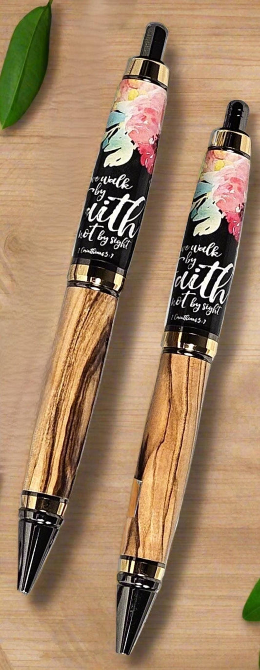 Pen & Pencil Set - Authentic Bethlehem Olive Wood; Walk By Faith Label Cast Click with a Gold and Black Titanium Pen and Pencil Kit