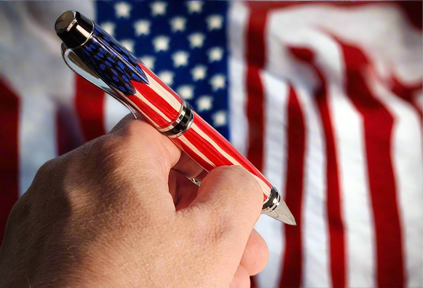 Pen and Pencil Set - Hand Placed Blue Feathers American Flag with an Elegant Black Chrome Pen Kit