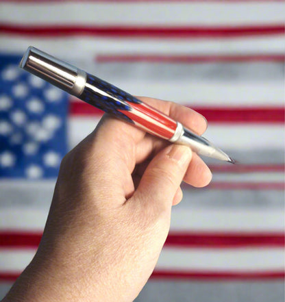 Patriotic Blue Feather Pen - American Flag - Hand-Laid Blue Feathers with a Chrome Finish