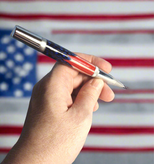 Patriotic Blue Feather Pen - American Flag - Hand-Laid Blue Feathers with a Chrome Finish